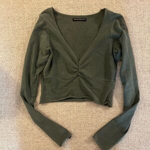 Brandy Melville Olive Green Ruched V-Neck Long Sleeve Top